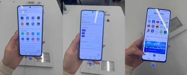 국내 시장에서 판매 중인 샤오미 스마트폰&nbsp;8종 중&nbsp;가장 저렴한 모델인 포코M7은 샤오미의&nbsp;운영체제(OS)인 하이퍼OS 기반에서 운영된다. 미니 프로그램(좌), 포코M7가 지원하는 AI 기능, MI 브라우저에 각각 접속해보니 아직 로컬라이징(현지화)가 완료되지 않아 기능을 영어로 써야 하는 불편함이 있었다./박정현 기자