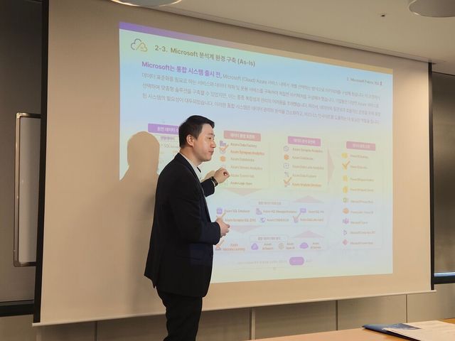 27일 엠클라우드브리지 관계자가 Microsoft 365 기반 AI 사무 자동화 플랫폼인 ‘AI 365 Mesh’의 데이터 분석 환경 구성에 대해 설명하고 있다. / 사진=전시현 기자&nbsp;
