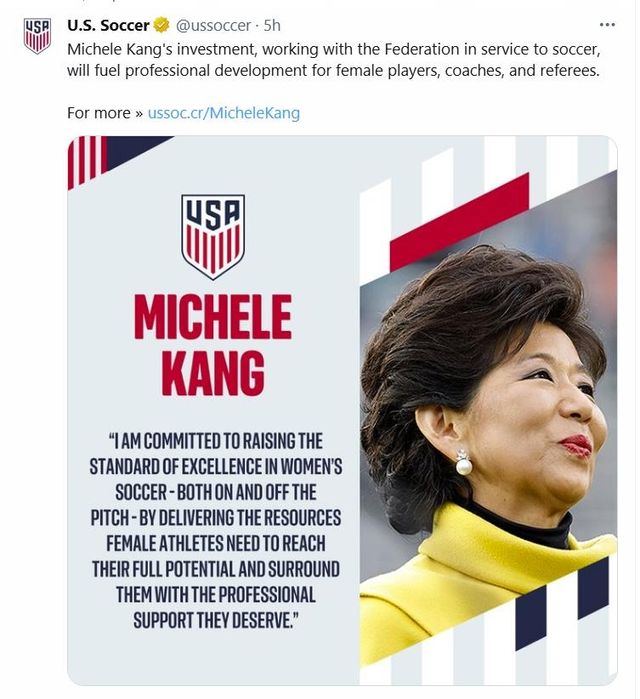 지난해 11월 미국축구협회 여성 및 유소녀 프로그램에 역대 최고액인 5년간 3000만달러(약 418억원)를 기부한 미셸 강 회장. /미국축구협회 SNS