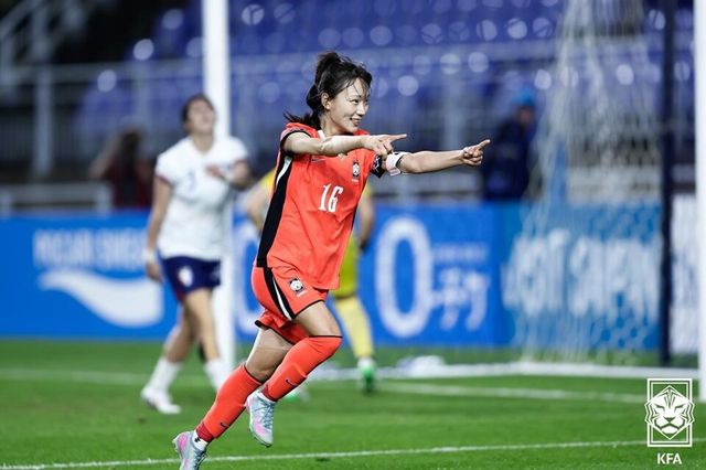 장슬기가 대만전 득점 직후 세리머니하고 있다. /KFA 제공