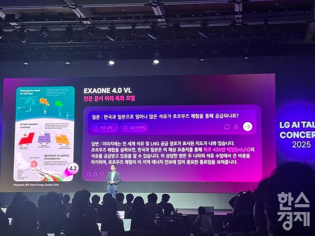 LG AI연구원이 22일 서울 강서구 마곡 LG사이언스파크 컨버전스홀에서 열린 ‘LG AI 토크 콘서트 2025’&nbsp; 액사원 생태계에 대해 설명하고 있다. / 고예인 기자&nbsp;