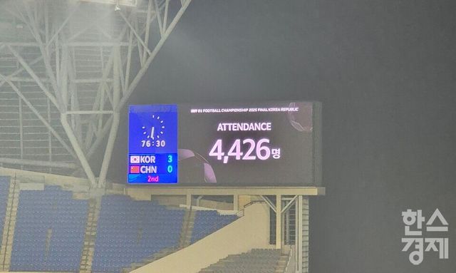 7일 용인 미르스타디움에서 열린 2025 동아시아축구연맹(EAFF) E-1 챔피언십 1차전 공식 입장 관중 수는 4426명에 그쳤다. /류정호 기자