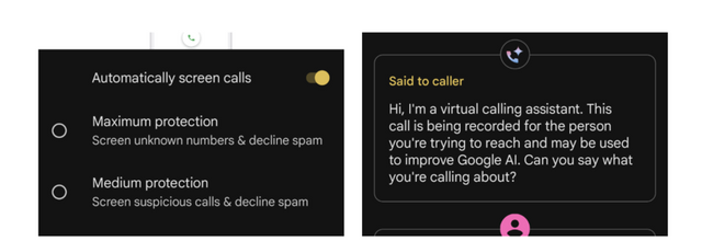 자동으로 수신 전화를 필터링하는 기능을 켠 상태. 모든 모르는 번호를 스크린(가상 비서가 먼저 받음)하고 스팸은 바로 거저한다(좌).&nbsp; 구글 어시스턴트가 전화를 받은 상황. 영문 내용은 다음과 같다. 