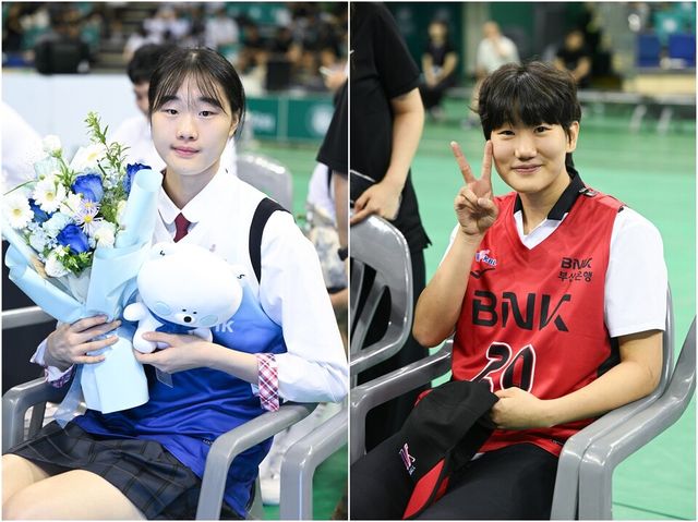 이가현(왼쪽)과 이원정이 신인 드래프트를 마치고 기념 촬영하고 있다. /WKBL 제공