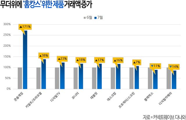 다나와가 7월 주요 카테고리 거래액을 분석한 결과 주로 실내서 사용하는 영상 및 취미용 제품군 거래액이 전월 대비 유의미하게 증가했다고 밝혔다./커넥트웨이브