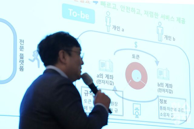 성준이 한국은행 디지털화폐 기술팀장이 15일 오전 서울 여의도 FKI타워에서 열린 ‘2025 글로벌 블록체인 포럼’에 참석해 '예금토큰 적용 국민체감형 디지털 금융 서비스 실증'을 주제로 강연하고 있다. /최대성 기자 dpdaesung@sporbiz.co.kr 2025.09.15.