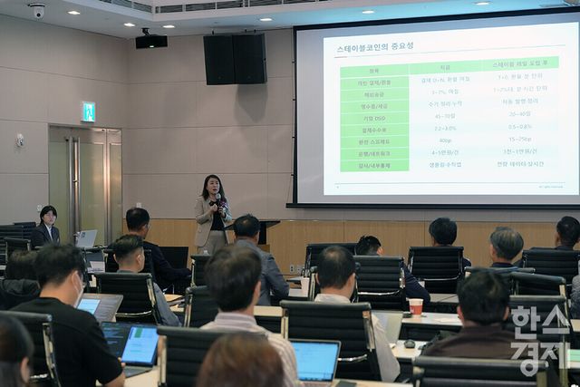 안유화 중국증권행정연구원장이 15일 오전 서울 여의도 FKI타워에서 열린 ‘2025 글로벌 블록체인 포럼’에 참석해 'K-스테이블코인, 한국의 통화주권 시험대에 오르다'를 주제로 강연하고 있다. /최대성 기자 dpdaesung@sporbiz.co.kr 2025.09.15.