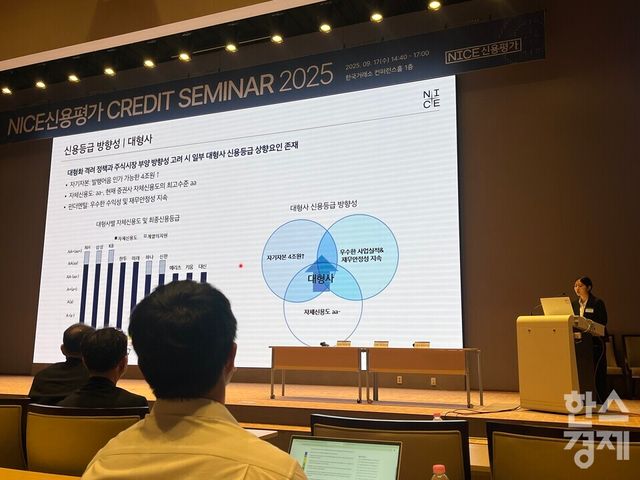 NICE신용평가가 17일 개최한 'NICE CREDIT SEMINAR 2025'에서 금융SF평가본부 이예리 책임연구원이&nbsp;'변화하는 사업환경, 증권사에 기회인가 위기인가'를 주제로 발표하고 있다. / 사진=김유진 기자