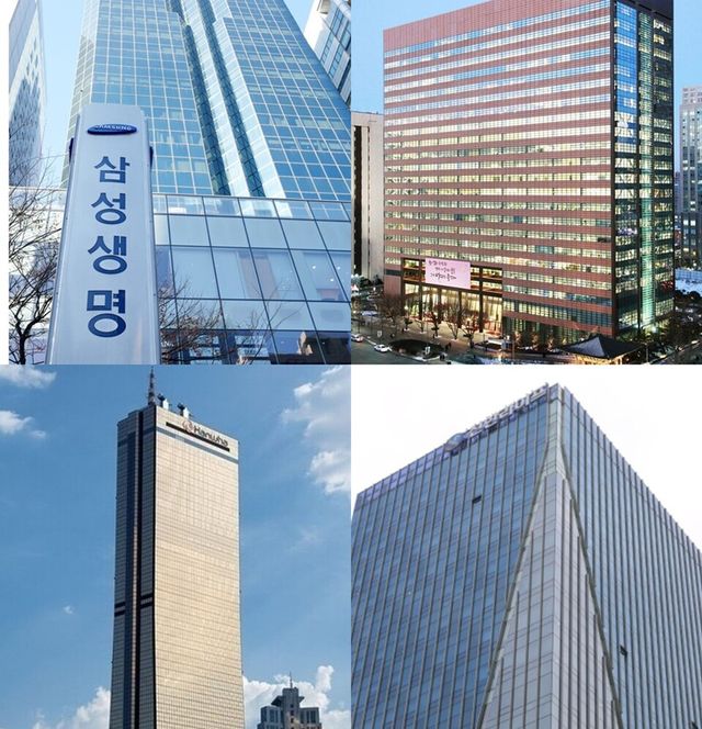 삼성생명, 교보생명, 신한라이프 사옥 , 한화생명 63빌딩(왼쪽 위부터 시계 방향으로). 사진/삼성생명(한스경제 DB) 외 각사&nbsp;