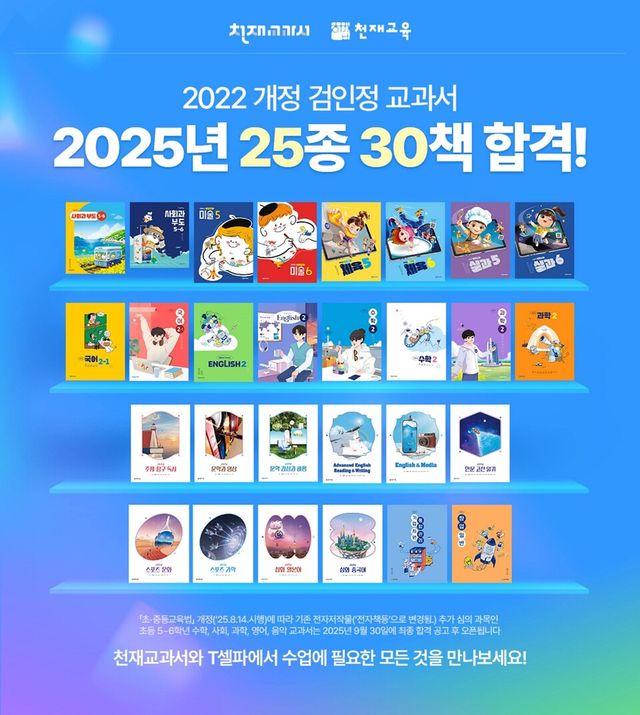 천재교과서가 2025년 검인정 교과서 최종 심사에서 초중고 25종 30책 합격을 기록했다./천재교과서
