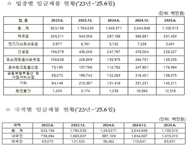 업종, 국적별 임금체불 현황./박해철 의원실