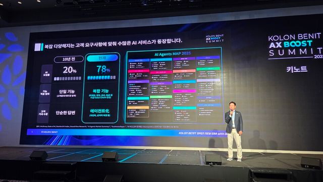 코오롱베니트가 30일 서울 드래곤시티 호텔에서 개최한 'KOLON BENIT AX BOOST SUMMIT 2025'서 강이구 코오롱베니트 대표는 기조연설을 하고 있다./코오롱베니트