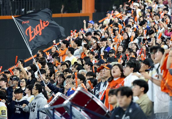 대전 한화생명볼파크에서 열린 프로야구 2025 신한 SOL 뱅크 KBO리그 삼성 라이온즈와 한화 이글스의 경기에서 한화 이글스 팬들이 한화 득점에 환호하고 있다. /연합뉴스
