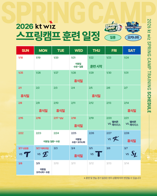 2026년 KT 스프링캠프 훈련 일정. /KT 위즈 제공