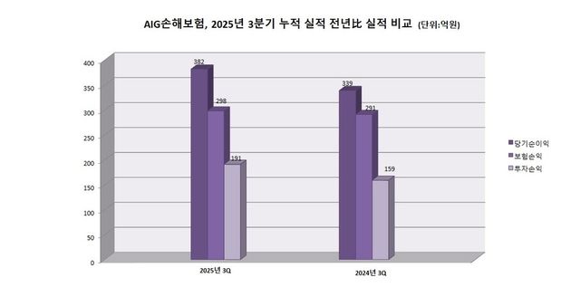 AIG손해보험, 2025년 3분기 누적 실적 전년比 실적 비교. 그래프=이지영 기자