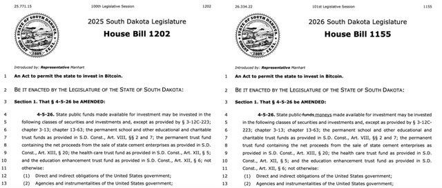 사우스다코타주 의회에 발의된 2025년(왼쪽)과 2026년(오른쪽) 비트코인 투자 허용 법안 비교표. 로건 만하트 의원은 지난해 보류된 법안을 일부 수정해 다시 승부수를 던졌다. /사우스다코타주 의회 캡처