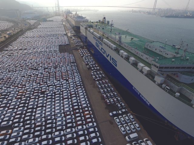 현대글로비스의 자동차운반선과 선적을 기다리고 있는 차량들./현대글로비스