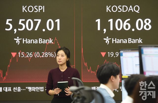 13일 오후 코스피가 전장 종가보다 15.26 포인트(0.28%) 하락하며 5,507.01으로, 코스닥은 19.91 포인트(1.77%) 내린 1,106.08로 장을 마감한 가운데, 서울 중구 하나은행본점 딜링룸에서 직원들이 업무를 보고 있다. 서울외환시장에서 달러/원 환율은 전장 대비 5.00원 오른 1,445.20원에 거래를 마감했다./ 이호형 기자 leemario@sporbiz.co.kr 2026.02.13