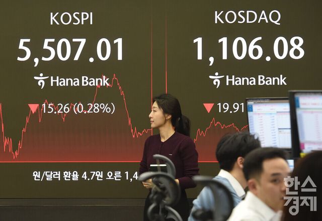 13일 오후 코스피가 전장 종가보다 15.26 포인트(0.28%) 하락하며 5,507.01으로, 코스닥은 19.91 포인트(1.77%) 내린 1,106.08로 장을 마감한 가운데, 서울 중구 하나은행본점 딜링룸에서 직원들이 업무를 보고 있다. 서울외환시장에서 달러/원 환율은 전장 대비 5.00원 오른 1,445.20원에 거래를 마감했다./ 이호형 기자 leemario@sporbiz.co.kr 2026.02.13