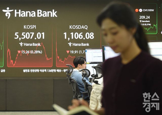 13일 오후 코스피가 전장 종가보다 15.26 포인트(0.28%) 하락하며 5,507.01으로, 코스닥은 19.91 포인트(1.77%) 내린 1,106.08로 장을 마감한 가운데, 서울 중구 하나은행본점 딜링룸에서 직원들이 업무를 보고 있다. 서울외환시장에서 달러/원 환율은 전장 대비 5.00원 오른 1,445.20원에 거래를 마감했다./ 이호형 기자 leemario@sporbiz.co.kr 2026.02.13
