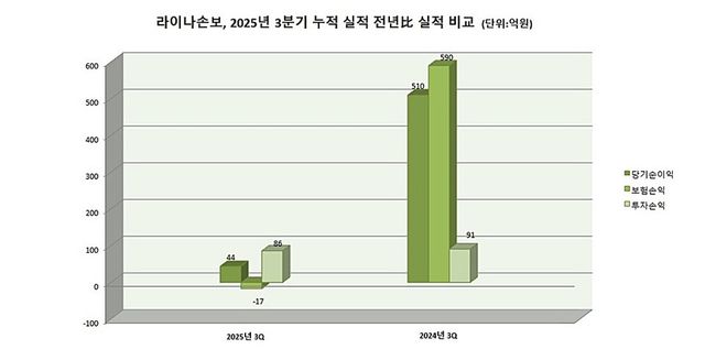 라이나손보, 2025년 3분기 누적 실적 전년比 실적 비교. 그래프=이지영 기자