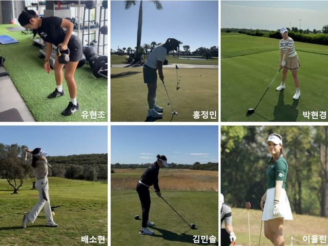 KLPGA 스타들이 겨울 전지훈련에서 구슬땀을 흘리고 있다. 왼쪽 위부터 시계방향 순으로 유현조, 홍정민, 박현경, 이율린, 김민솔, 배소현의 모습. /KLPGA 제공