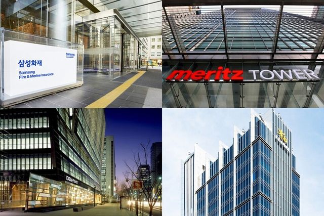 (왼쪽 위부터 시계방향) 삼성화재, 메리츠화재, KB손해보험, DB손해보험 사옥. 사진/각사