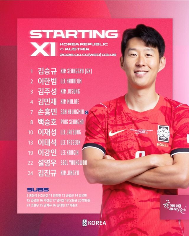 1일(한국 시각) 오스트리아 빈 에른스트 하펠 스타디움에서 오스트리아와 평가전에 나서는 한국 선발 명단. /KFA 인스타그램 갈무리