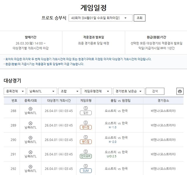 프로토 승부식 40회차 한국(원정)-오스트리아(홈) 대상경기 정보. /한국스포츠레저 제공