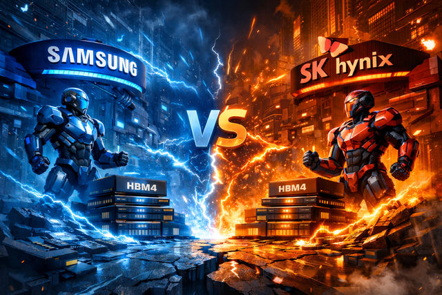 AI 반도체 핵심 부품인 고대역폭메모리(HBM)를 둘러싸고 삼성전자와 SK하이닉스 간 차세대 기술 경쟁이 본격화되는 모습을 표현한 이미지./ChatGPT