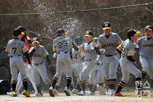 지난해 제9회 한국컵 전국유소년아구대회에서 안양시 유소년 야구단 선수들이 꿈나무(청룡)리그 승리 후 환호하고 있다. /한국스포츠경제DB