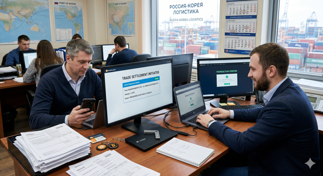 러시아-코리아 물류 사무실에서 직원들이 '레저' 하드웨어 월렛을 활용해 국제 무역 거래의 가상자산 정산을 진행하고 있다. /Gemini