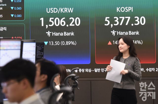 3일 오후 코스피가 전장 종가보다 143.25 포인트(2.74%) 상승하며 5,377.30으로, 코스닥은 7.41포인트(0.70%) 오른 1,063.75로 거래를 마감한 가운데, 서울 중구 하나은행본점 딜링룸에서 직원들이 업무를 보고 있다. 서울외환시장에서 달러/원 환율은 13.60원 내린 1,506.10원에 거래를 마감했다./ 이호형 기자 leemario@sporbiz.co.kr 2026.04.03