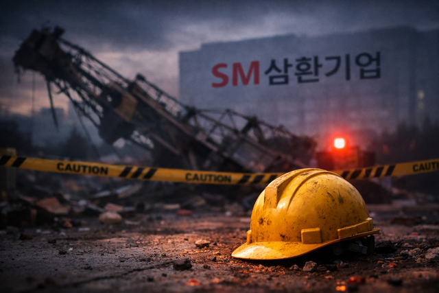 서울 잠실대교 남단 연결체계 개선공사 현장 사망사고를 둘러싸고 시공사인 SM삼환기업의 안전관리 책임 논란이 커지고 있다. 사진은 붕괴된 건설 장비와 안전모를 통해 중대재해와 책임 공방을 상징적으로 표현한 이미지./ChatGPT이미지&nbsp;