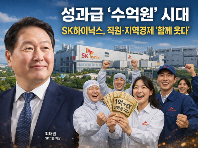 최태원 SK그룹 회장과 SK하이닉스 직원들이 성과금을 받고 좋아하는 모습을 형상화함./ChatGPT이미지