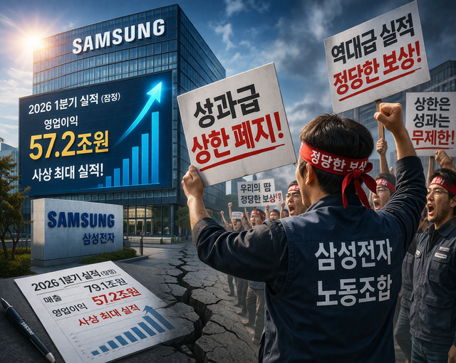 삼성전자 역대 최대 실적 발표와 함께 성과급 상한 폐지를 요구하는 노동조합의 반발을 대비해 기업 성과와 보상 갈등을 상징적으로 표현한 이미지./ChatGPT