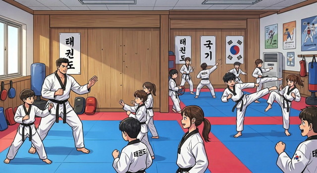 어린 학생들이 태권도장에서 훈련에 임하고 있다.&nbsp;/AI 생성 이미지