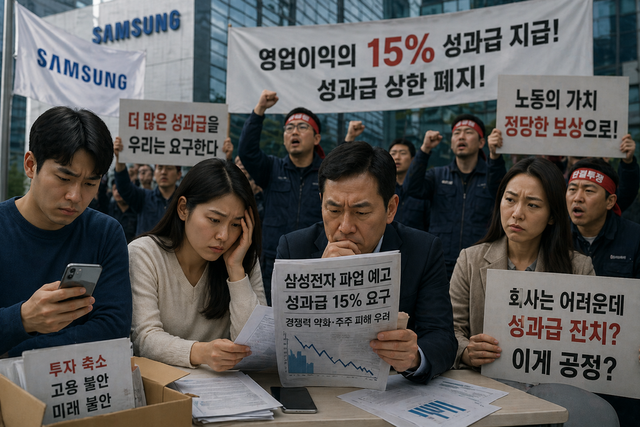 삼성전자 노조의 성과급 확대 요구와 총파업 예고를 둘러싼 논란이 확산되는 가운데 국민과 주주 관계자들이 관련 소식을 접하며 우려를 표하고 있다./ChatGPT
