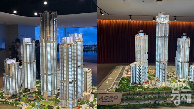 18일 강남구 압구정5구역 홍보관에 마련된 각사별 단지 모형도(사진 왼쪽 현대건설 홍보관, 오른쪽 DL이앤씨 홍보관)./한나연 기자