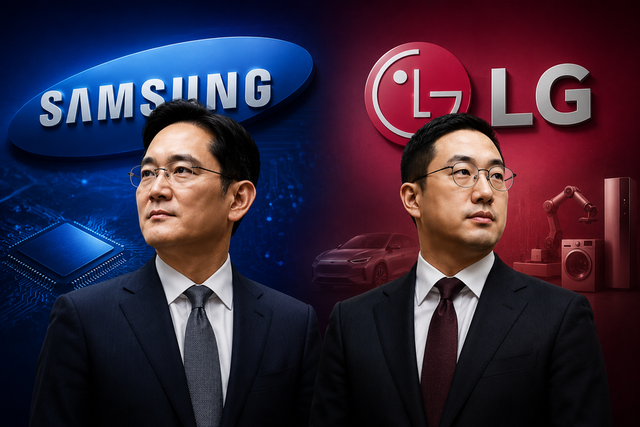 이재용 삼성전자 회장과 구광모 LG그룹 회장의 리더십 이미지를 AI 시대 산업 경쟁 구도와 함께 형상화한 이미지./ChatGPT이미지
