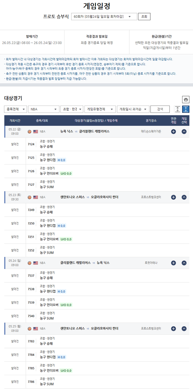 프로토 승부식 60회차, NBA 동서부 콘퍼런스 파이널 대상 게임 정보. /한국스포츠레저 제공