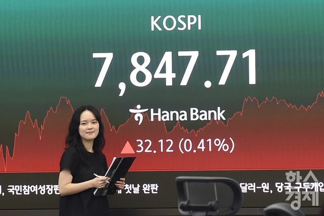 22일 오후 한국거래소와 서울외환시장에 따르면, 코스피 지수는 전 거래일 대비 32.12포인트(0.41%) 오른 7,847.71로 장을 마감했다. 코스닥은 55.16포인트(4.99%) 상승한 1,161.13 기록했으며, 서울 외환시장에서 원·달러 환율은 전일 거래 종가보다 11.1원 오른 1,517.2원으로 마감됐다.서울 중구 하나은행본점 딜링룸에서 직원들이 업무를 보고 있다./ 이호형 기자 leemario@sporbiz.co.kr 2026.05.22