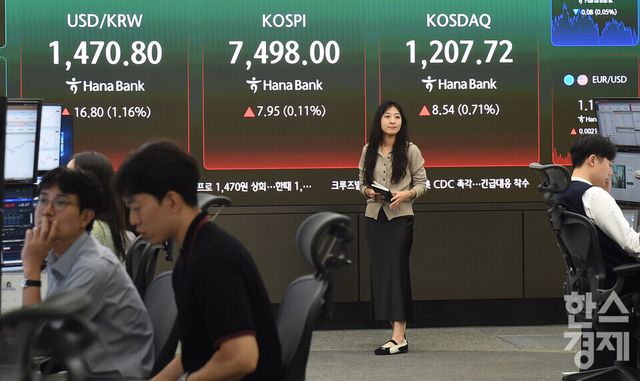 8일 오후 코스피가 전장 종가보다 7.95포인트(0.11%) 상승한 7,498.00으로, 코스닥은 8.54포인트(0.71%) 상승한 1,207.72으로 장을 마감한 가운데, 서울 중구 하나은행본점 딜링룸에서 직원들이 업무를 보고 있다. 서울외환시장에서 달러/원 환율은 전장 대비 17.70원 오른 1,471.70원에 거래를 마감했다./ 이호형 기자 leemario@sporbiz.co.kr 2026.05.08