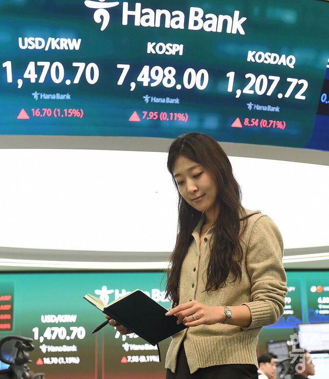 8일 오후 코스피가 전장 종가보다 7.95포인트(0.11%) 상승한 7,498.00으로, 코스닥은 8.54포인트(0.71%) 상승한 1,207.72으로 장을 마감한 가운데, 서울 중구 하나은행본점 딜링룸에서 직원들이 업무를 보고 있다. 서울외환시장에서 달러/원 환율은 전장 대비 17.70원 오른 1,471.70원에 거래를 마감했다./ 이호형 기자 leemario@sporbiz.co.kr 2026.05.08