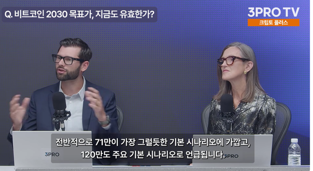 캐시 우드 ARK인베스트 최고경영자(오른쪽)와 프랭크 다우닝 ARK인베스트 리서치 디렉터가 12일 유튜브 채널 삼프로TV에 출연해 비트코인 장기 전망과 스테이블코인, 온체인 금융의 미래에 대해 설명하고 있다. /유튜브 삼프로TV 캡처
