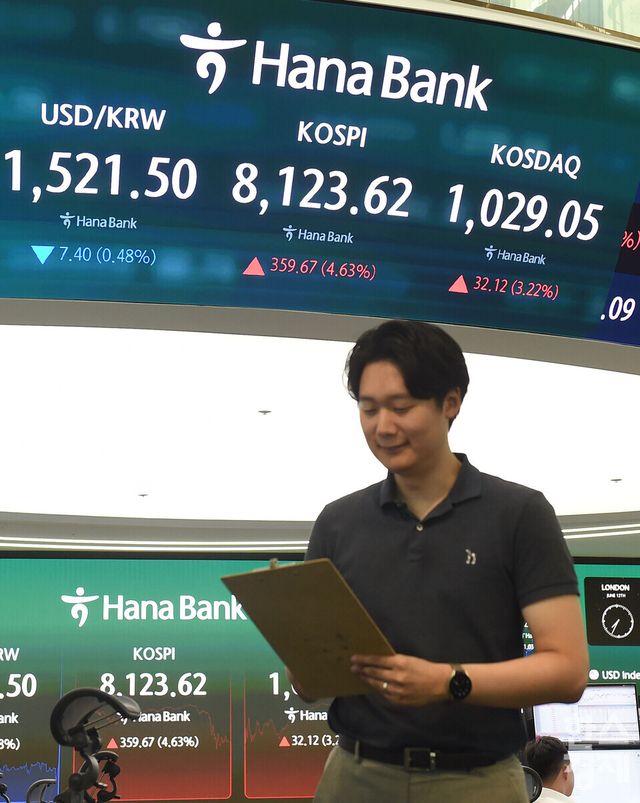 12일 오후 코스피가 전장 종가보다 359.67 포인트(4.63%) 상승하며 8,123.62으로, 코스닥은 32.12 포인트(3.22%) 오른 1,029.05로 장을 마감한 가운데, 서울 중구 하나은행본점 딜링룸에서 직원들이 업무를 보고 있다. 서울외환시장에서 달러/원 환율은 전장 대비 9.1원 내린 1,519.8원에 거래를 마감했다./ 이호형 기자 leemario@sporbiz.co.kr 2026.06.12
