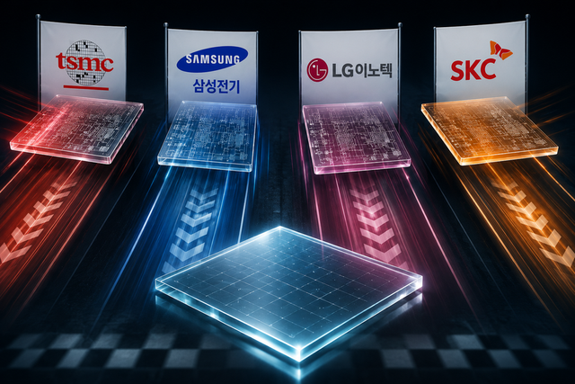 TSMC가 차세대 AI 반도체 패키징 핵심 소재인 유리기판 시장 진출을 공식화하면서 삼성전기, LG이노텍, SKC와의 글로벌 주도권 경쟁이 본격화되고 있다. 이미지에는 유리기판 시장 선점을 놓고 경쟁하는 TSMC와 국내 주요 기업들의 구도를 형상화했다. ChatGPT