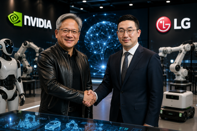 젠슨 황 엔비디아 CEO(왼쪽)와 구광모 LG그룹 회장이 피지컬 AI 시대 협력을 상징적으로 표현한 모습. 배경에는 휴머노이드 로봇과 산업용 로봇이 배치돼 있다./ChatGPT 생성 이미지