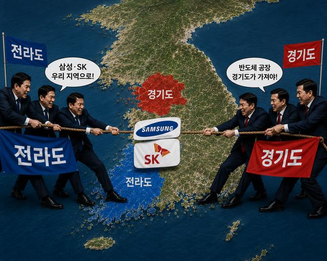 반도체 공장 유치 논란 속 지역 간 경쟁 구도를 형상화한 이미지./ChatGPT이미지&nbsp;