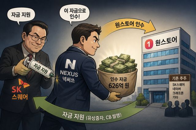 SK스퀘어 등 기존 주주들에게 자금을 수혈해 원스토어를 인수하는 넥써쓰./챗GPT 생성 이미지